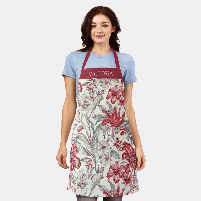 Red & Grey Floral Toile Shabby Chic Personalized Apron (Worn)