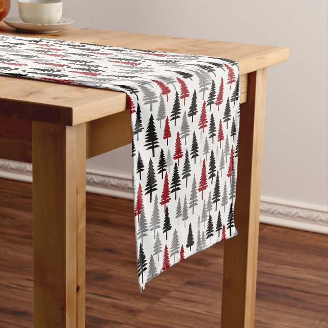 Red Grey Forest Trees on White Winter Pattern Short Table Runner (In Situ)