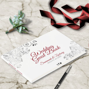 Red & Grey Frilly Filigree Elegant Wedding Guest Book
