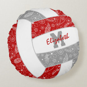 red grey girls boho feathers pattern volleyball  round pillow