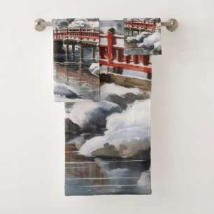 Red Grey Japanese Pagoda Soribashi Winter Bath Towel Set