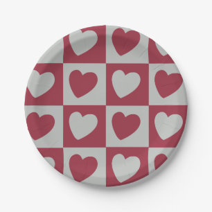 Red Grey Love Hearts Party Paper Plate