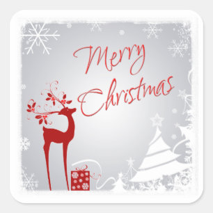Red Grey Merry Christmas Deer, Snowflakes Sticker