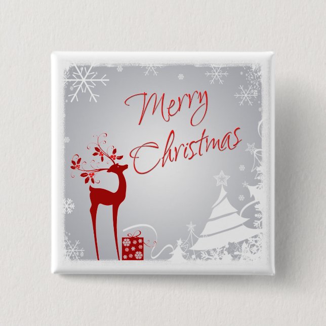 Red, Grey Merry Christmas Deer, Trees, Snow Button (Front)