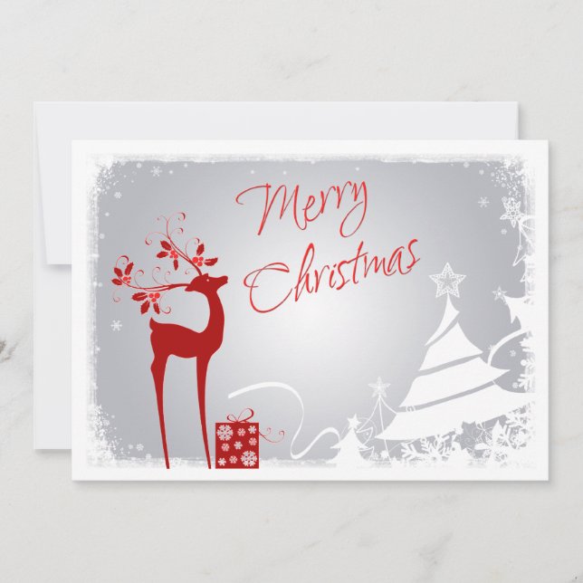Red, Grey Merry Christmas Trees & Deer Photo Card (Front)