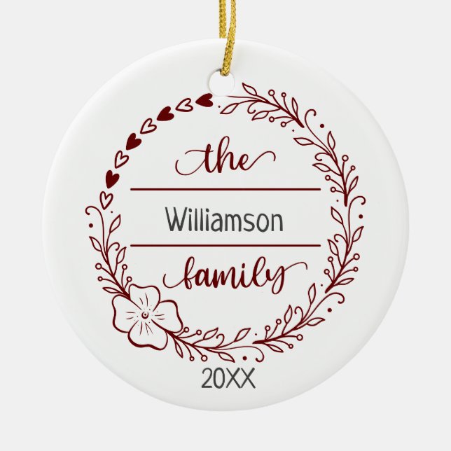 Red Grey Monogram Family Name Floral Wreath  Ceramic Ornament (Front)