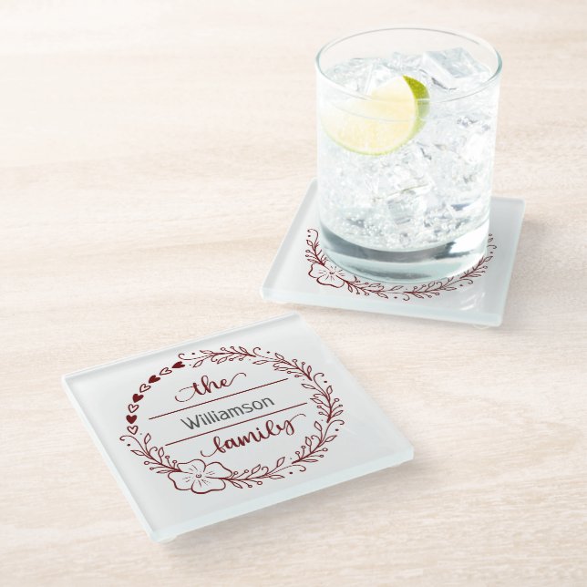 Red Grey Monogram Family Name Floral Wreath Glass Coaster (Angled)