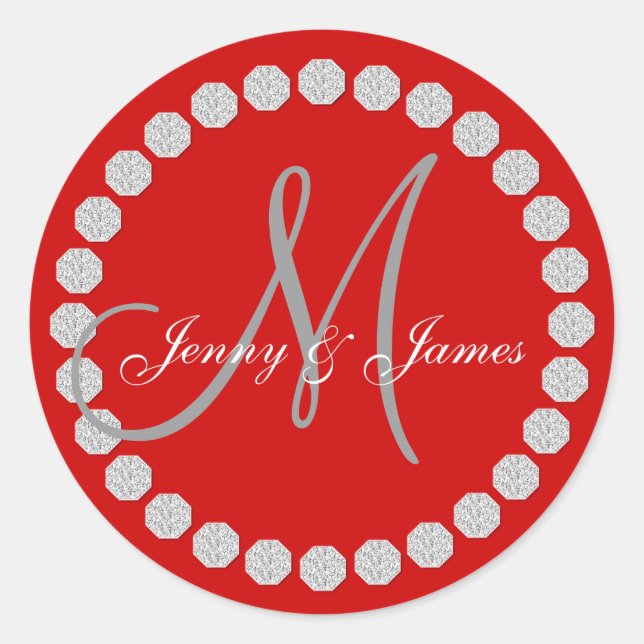 Red Grey Monogram Names Wedding Favour Labels (Front)