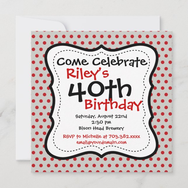 Red Grey Polka Dots 40th Birthday Party Invitation (Front)