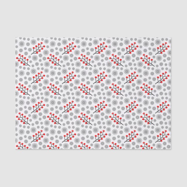 Red Grey Scandinavian Floral Pattern Tissue Paper (Front)