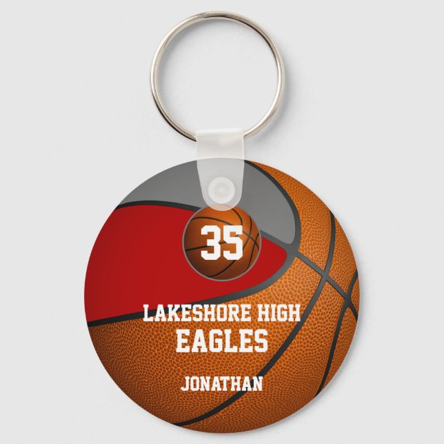 Red grey school colours boys' basketball team keychain (Front)