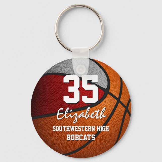 Red grey school colours girls boys basketball keychain (Front)