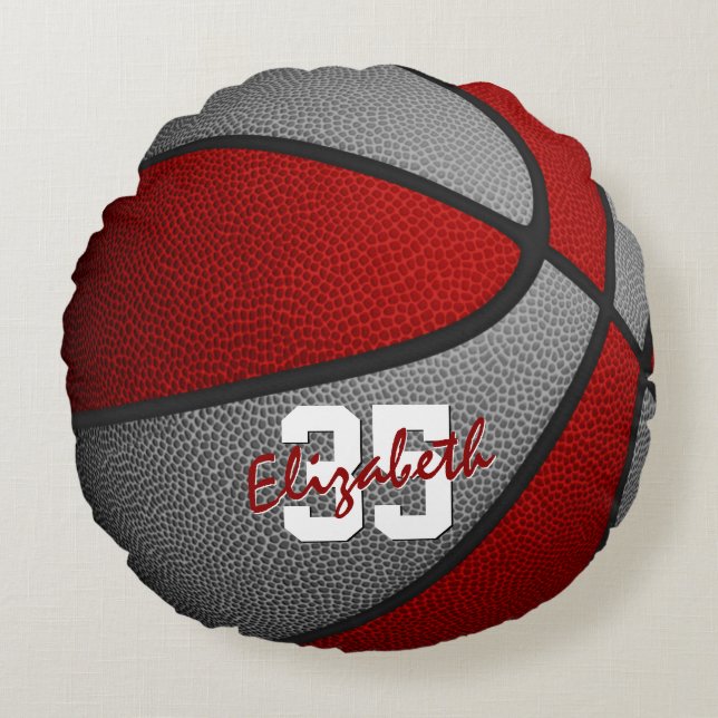 red grey school colours girls boys basketball room round pillow (Front)
