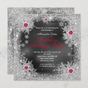 Red grey silver snowflake holiday birthday party invitation