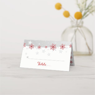 Red, grey snowflake winter wedding folded escort place card