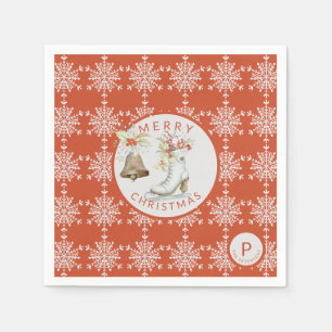 Red Grey Snowflakes Christmas Ice Skate Monogram Napkin