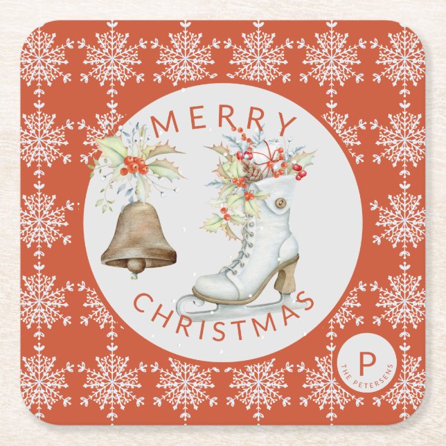 Red Grey Snowflakes Christmas Ice Skate Monogram Square Paper Coaster (Front)