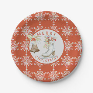 Red Grey Snowflakes Christmas Ice Skate Party Paper Plate