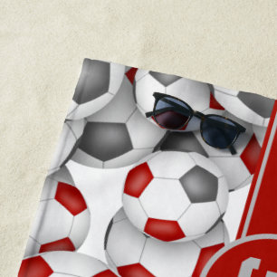 Red grey soccer balls pattern team spirit  beach towel