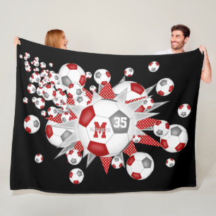 Red grey soccer balls stars athlete name fleece blanket