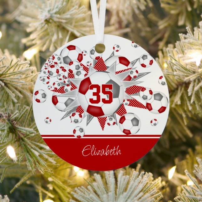 Red grey soccer balls stars personalized  metal ornament (Insitu)
