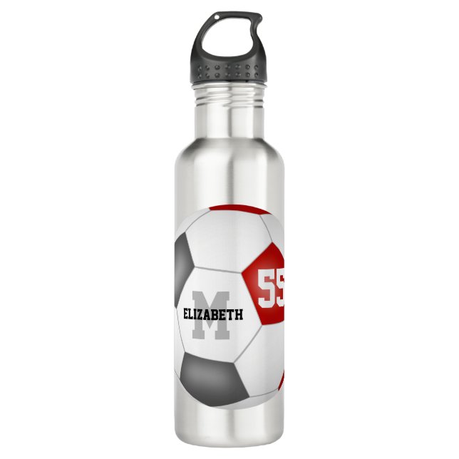 red grey soccer girl boy school team colours 710 ml water bottle (Front)