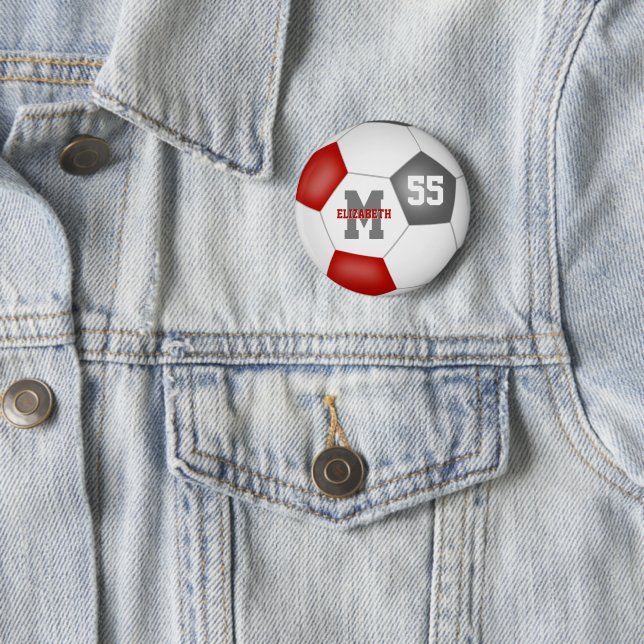 Red grey soccer team colours personalized 2 inch round button (In Situ)