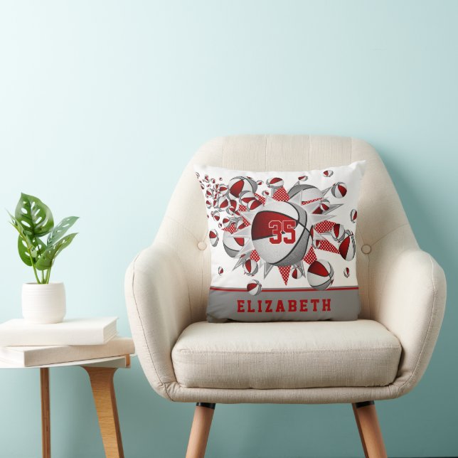 red grey sports room girls basketballs stars throw pillow (Chair)