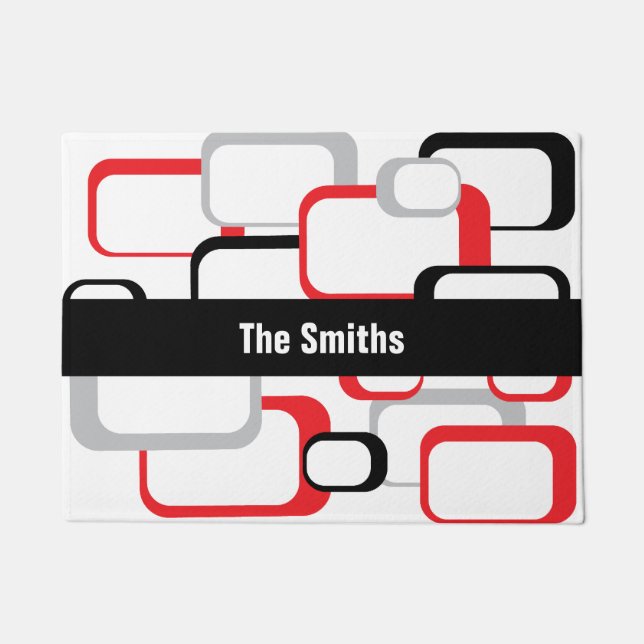 Red Grey Square Pattern Black Stripe Personalize Doormat (Front)