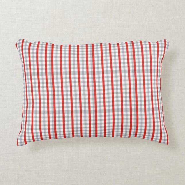 Red Grey Striped Checked Plaid Accent Pillow (Front)