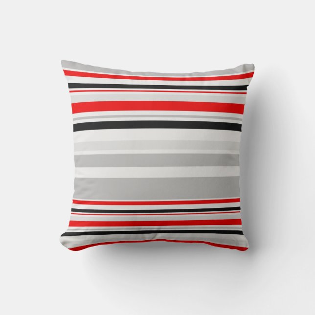 Red Grey Stripes Pattern Throw Pillow (Front)