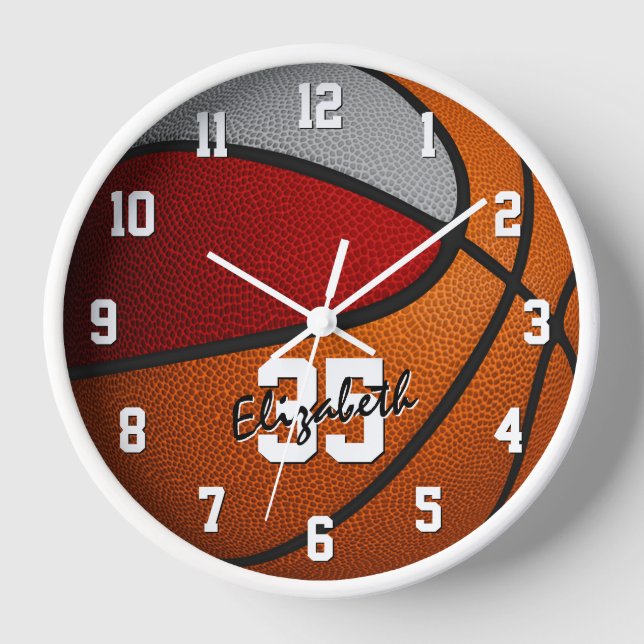 red grey team colours basketball personalized clock (Front)