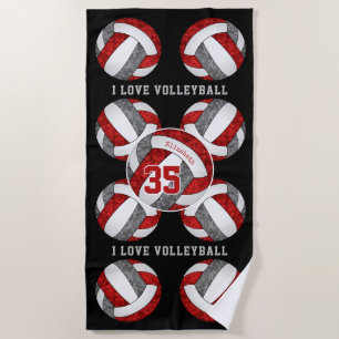 red grey team colours I love volleyball girly Beach Towel