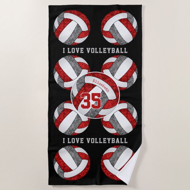 red grey team colours I love volleyball girly Beach Towel (Front)