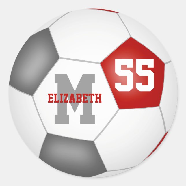 red grey team colours soccer ball personalized classic round sticker (Front)