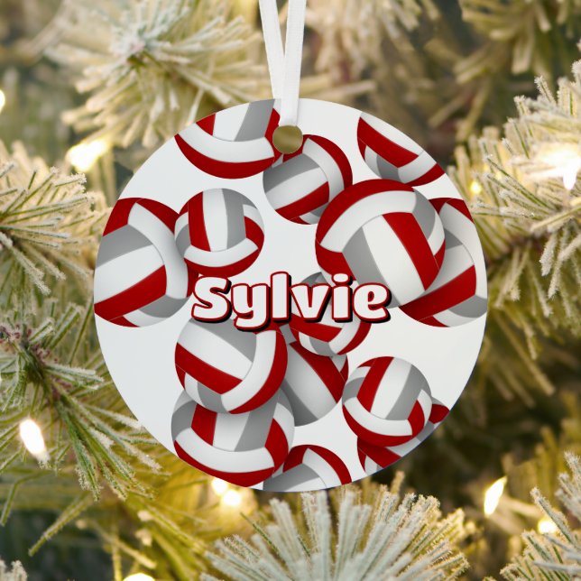 red grey volleyballs w athlete name keepsake metal ornament (Insitu)