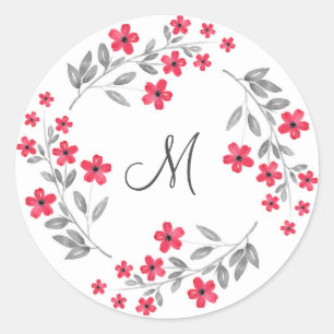 Red Grey Watercolor Floral Wreath Classic Round Sticker