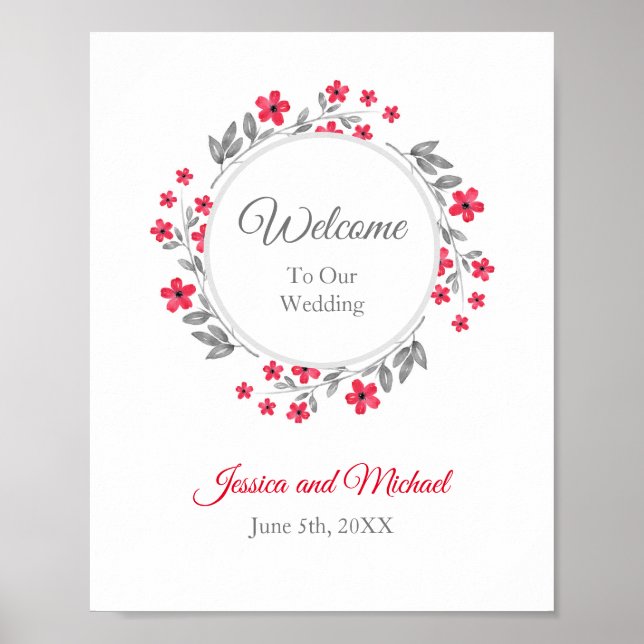 Red, Grey Watercolor Floral Wreath   Poster (Front)