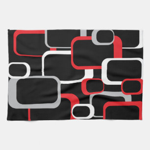 Red Grey White Black Retro Squares Pattern Kitchen Towel