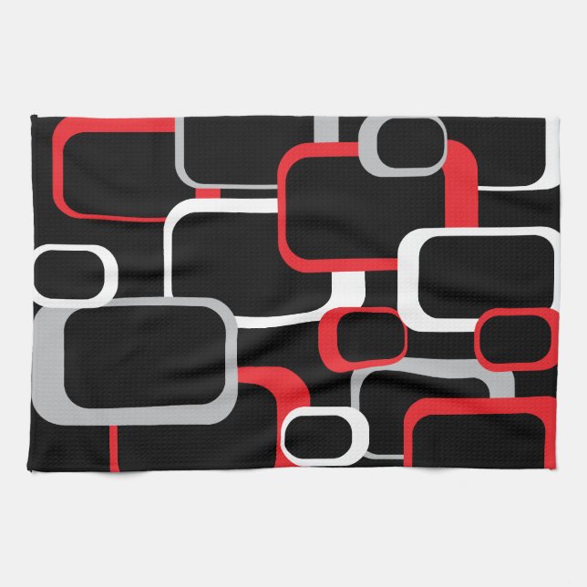 Red Grey White Black Retro Squares Pattern Kitchen Towel (Horizontal)