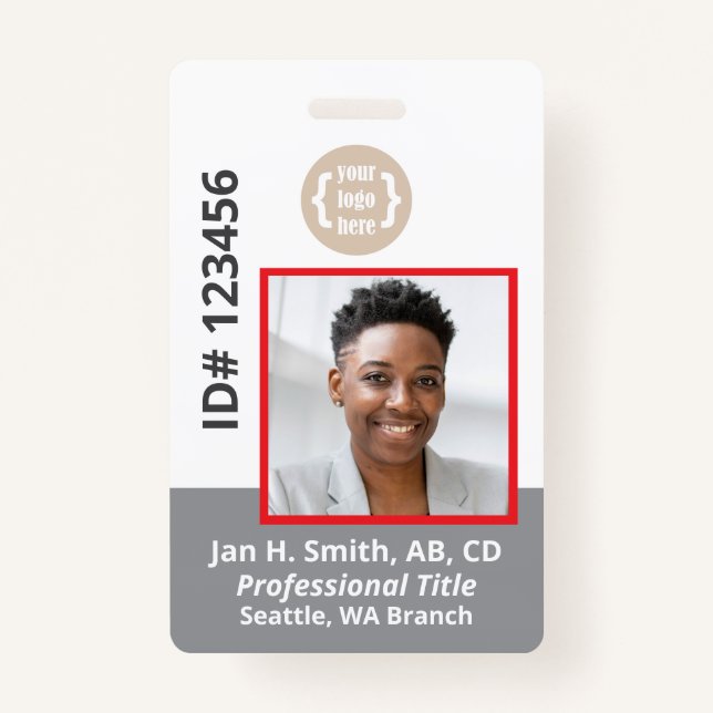 Red Grey White Employee Photo ID Card Badge (Front)