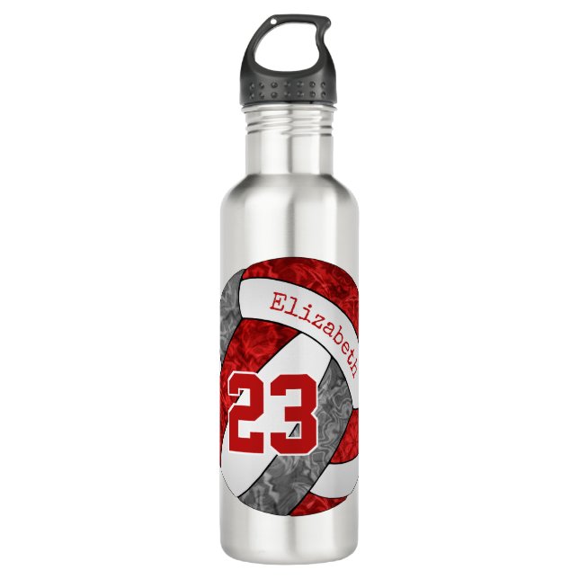 Red grey white girls' volleyball team colours 710 ml water bottle (Front)