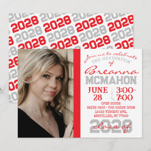 Red, Grey & White Graduation Photo Invitation