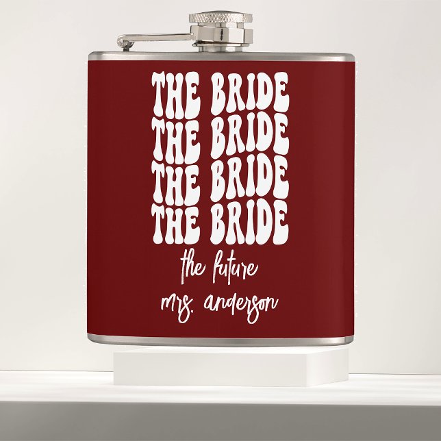 Red Groovy Retro Personalized Bachelorette Bride Hip Flask (Creator Uploaded)