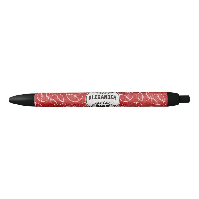 Red Grunge Baseball Pattern Black Ink Pen (Front)