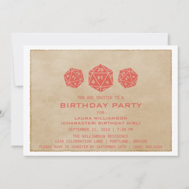 Red Grunge D20 Dice Gamer Birthday Party Invite (Front)