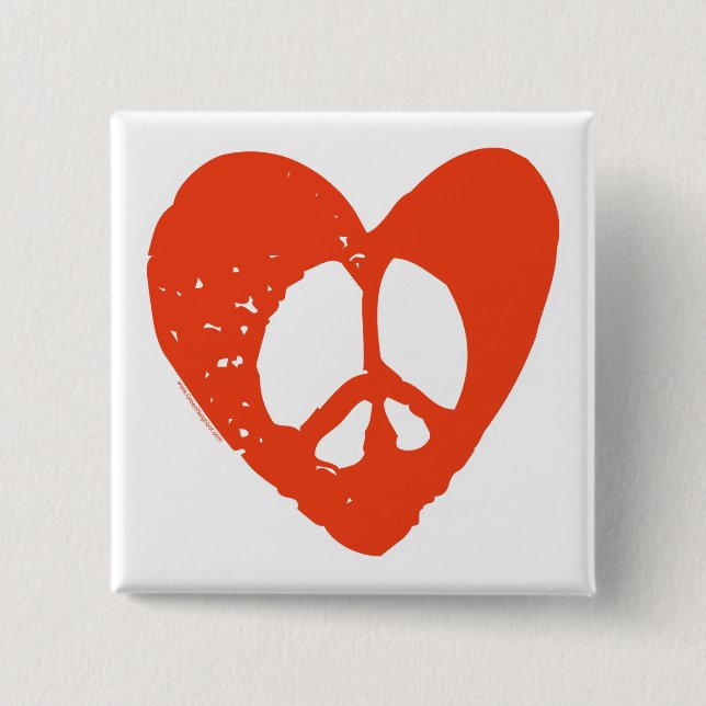 Red Grunge Heart with Peace Sign 2 Inch Square Button (Front)