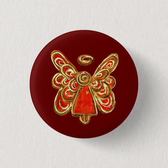 Red Guardian Angel Holiday Art Custom Pin Button (Front)