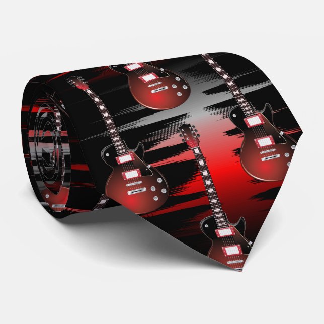 Red Guitar and Music Sound Wave Tie (Rolled)