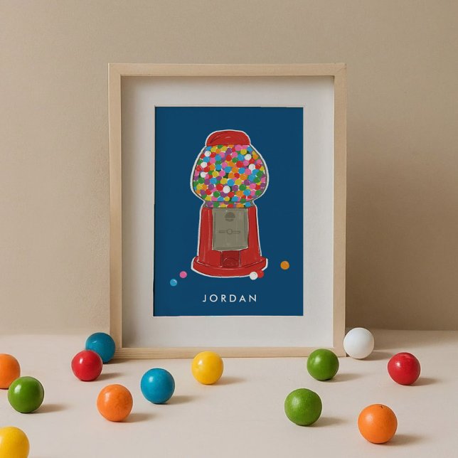 Red Gumball Machine Candy Bubble Gum Personalized Poster (Red retro gumball candy machine blue personalized kids art print.)